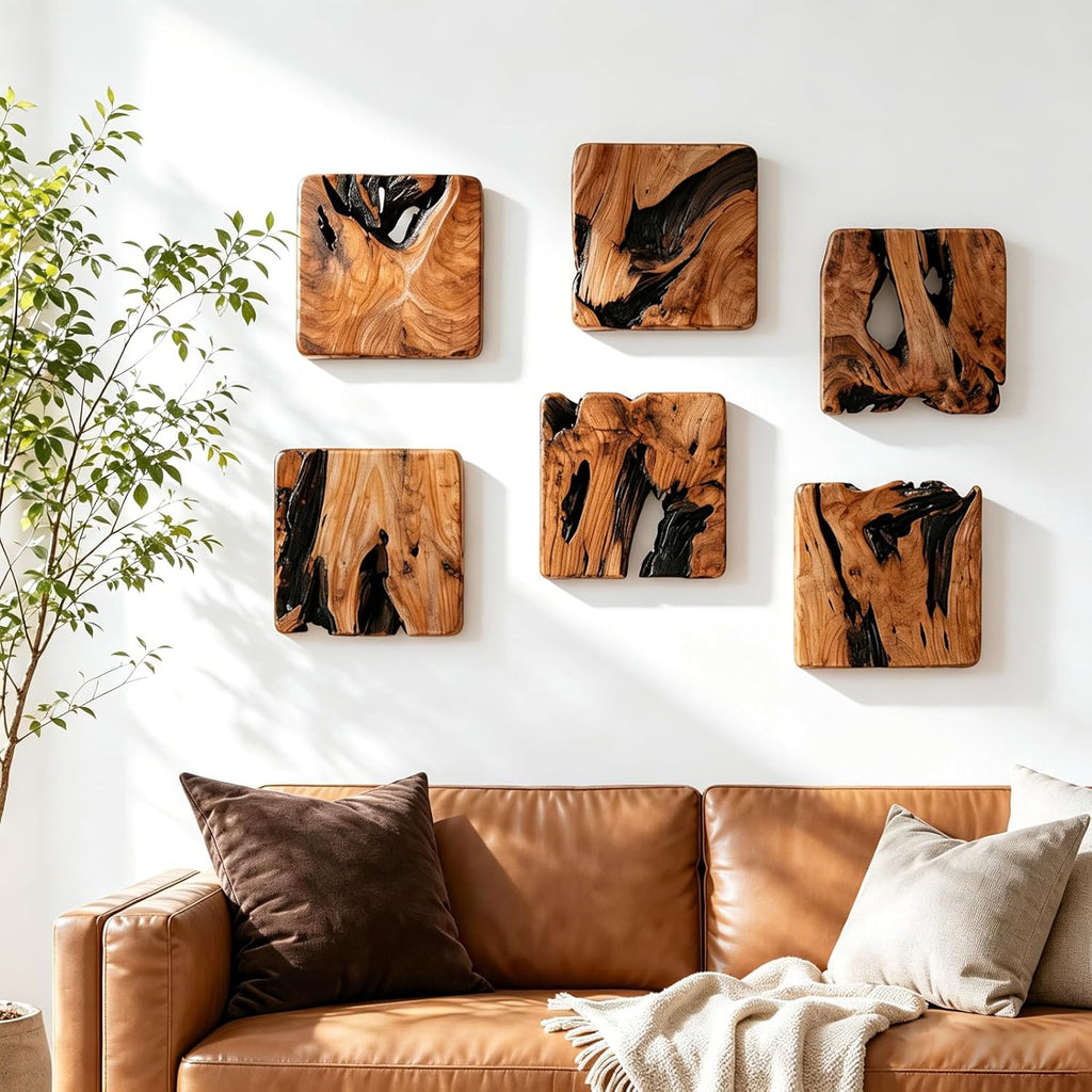 BOTALEGRE 4-Piece Cedar Wood Wall Art Set, Rustic Abstract Wall Decor for Home