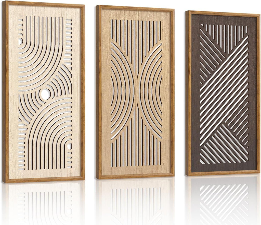 HPNIUB 3 PCS Boho Wall Decor, Minimalist Mid Century Abstract Geometric Line Carved Hanging Wood Sign for Living Room, 8x16Inch Modern Wooden Plaque Wall Art for Bedroom Office Apartment Decoration