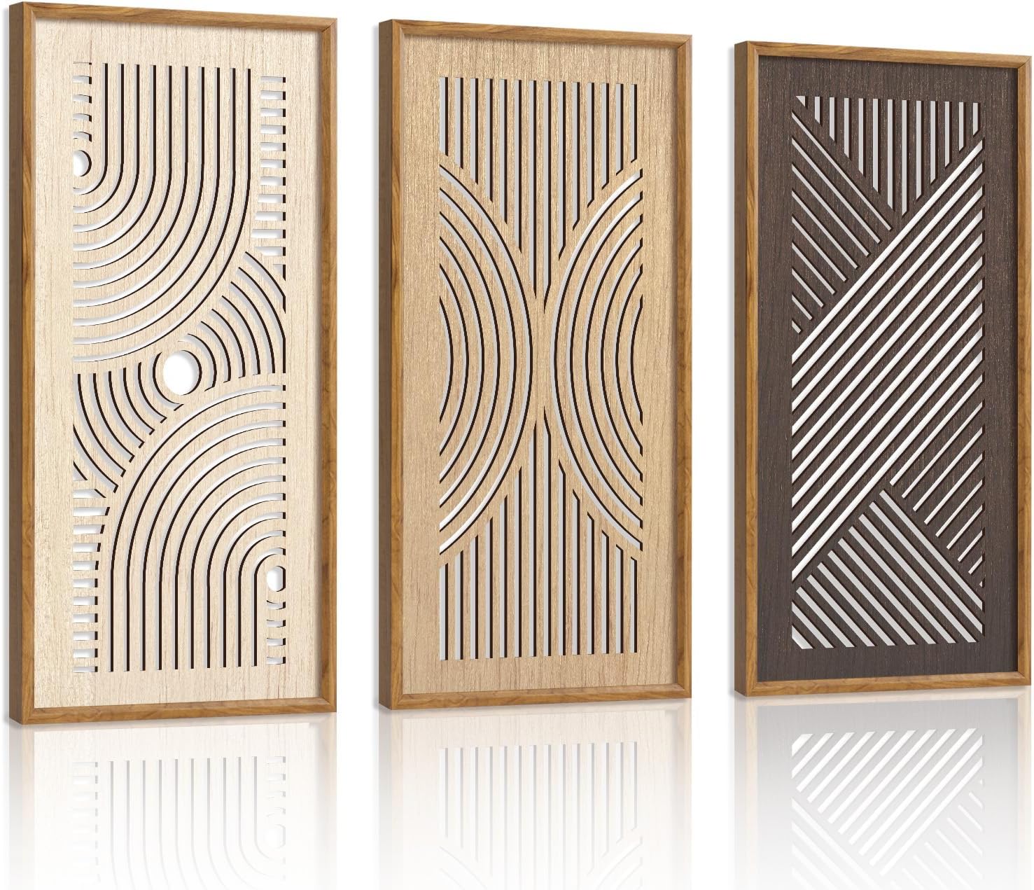 HPNIUB 3 PCS Boho Wall Decor, Minimalist Mid Century Abstract Geometric Line Carved Hanging Wood Sign for Living Room, 8x16Inch Modern Wooden Plaque Wall Art for Bedroom Office Apartment Decoration