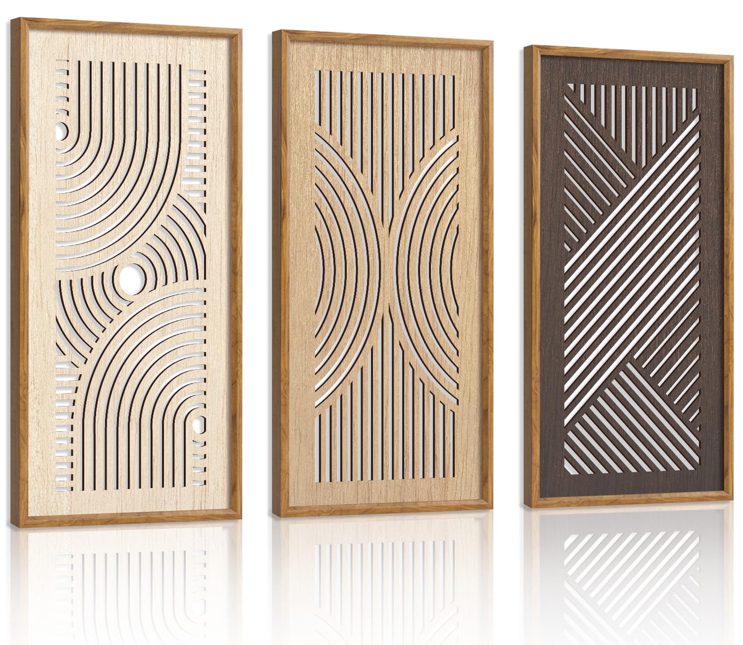 HPNIUB 3 PCS Boho Wall Decor, Minimalist Mid Century Abstract Geometric Line Carved Hanging Wood Sign for Living Room, 8x16Inch Modern Wooden Plaque Wall Art for Bedroom Office Apartment Decoration