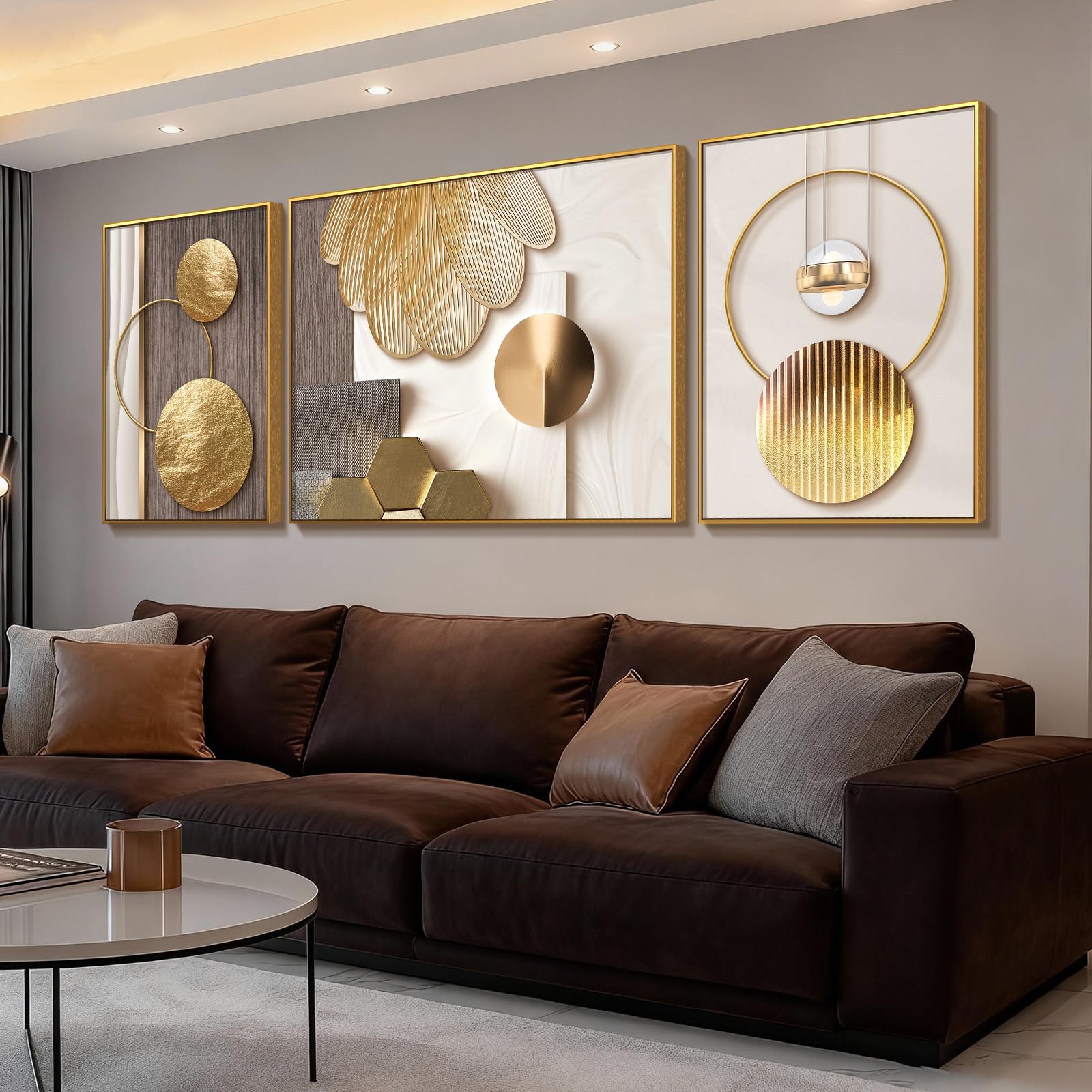 Azartslr Large Framed Modern Black Wall Art, Luxury 3 Pieces Aluminum Alloy Wall Decor for Living Room, Abstract Gray and White Home Bedroom Art Painting, Geometric Crystal Porcelain Artwork Dining Room Pictures Decoration 67''W x 24''H (Total)