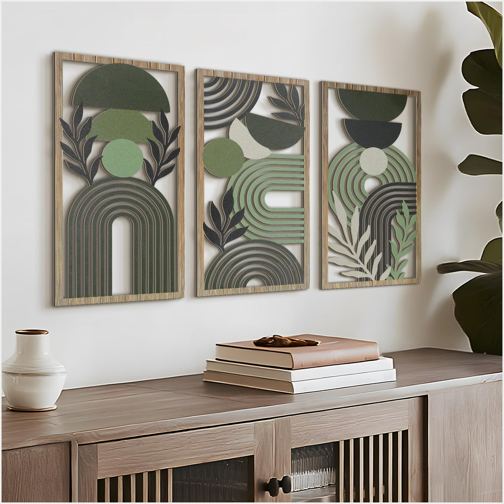 VIYYIEA Boho Solid Wood Carved Wall Art Set of 3, Geometric Minimalist Wooden Home Decor Panels, Handcrafted Solid Wood Wall Hanging for Living Room Bedroom Hallway, 16 x 8 Inch Each (Leaves Oak)