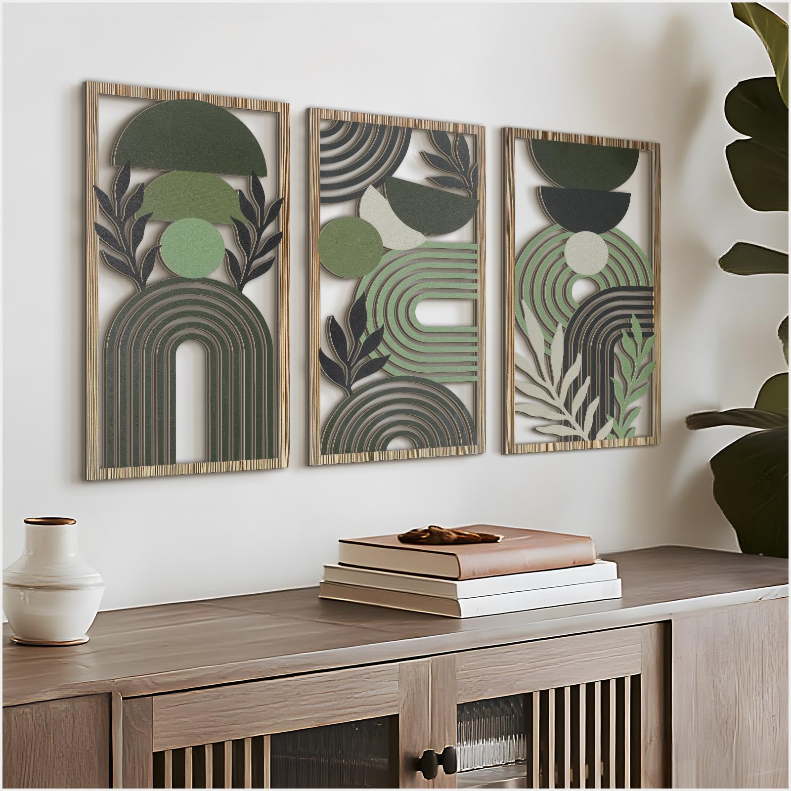 VIYYIEA Boho Solid Wood Carved Wall Art Set of 3, Geometric Minimalist Wooden Home Decor Panels, Handcrafted Solid Wood Wall Hanging for Living Room Bedroom Hallway, 16 x 8 Inch Each (Leaves Oak)