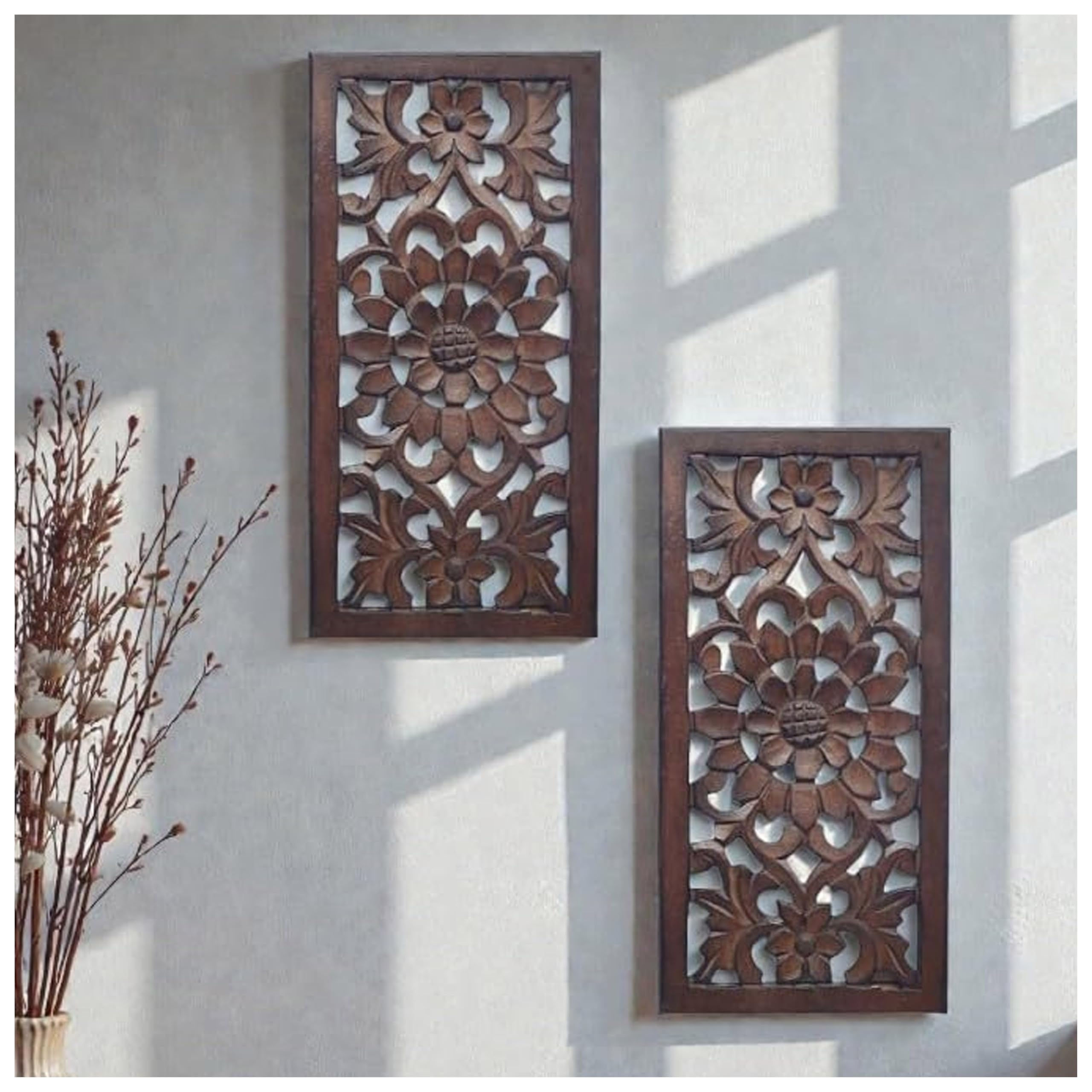 Wood Wall Art -Wall Panels in Handcrafted Carved Wood For Livingroom Bedroom,Dining room,Elegant Decorative Wall Art for Home & Office 8x16" Set of 2 Burnt Brown_Tree Leaf Designs