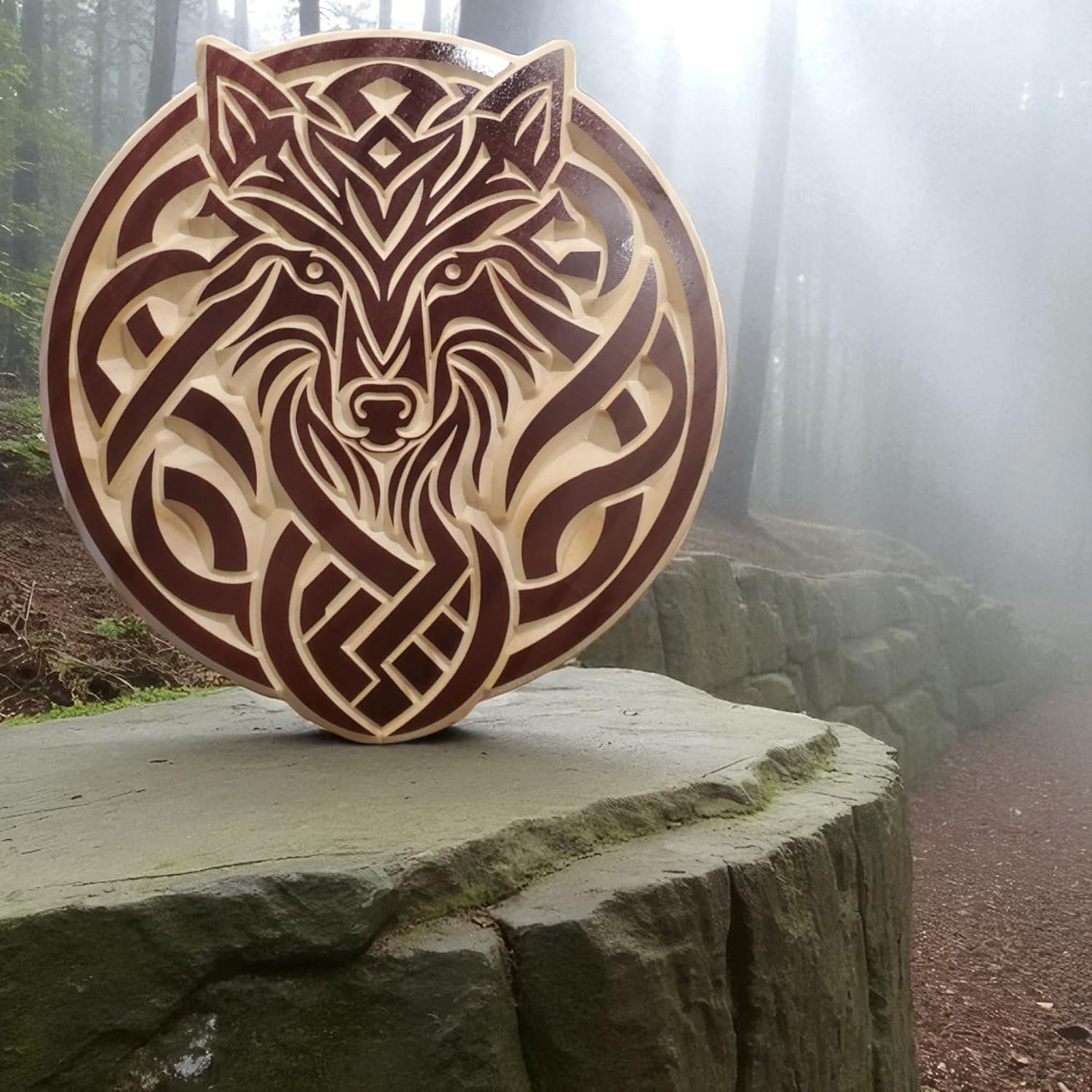 Wooden Wolf Carving – Black Cherry Pinewood Wall & Table Art Décor (11 in x 11 in)