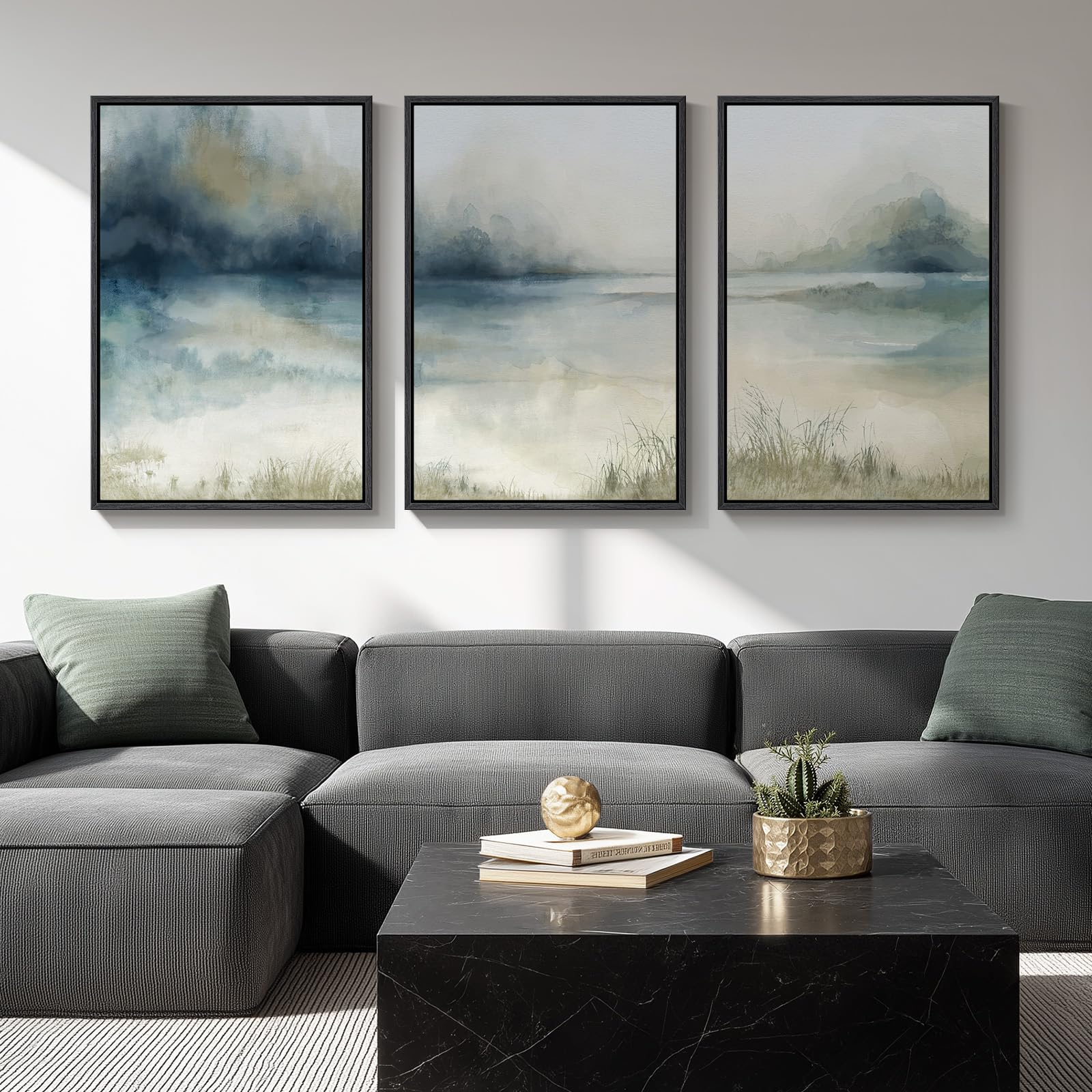 Large Framed Modern Elegant Abstract Wall Art for Living Room, 3 Piece Contemporary Blue and Gold Bright Prints Paintings Artwork for Walls, Luxury Pictures for Hallway Home Office Wall Decor 24x36 In
