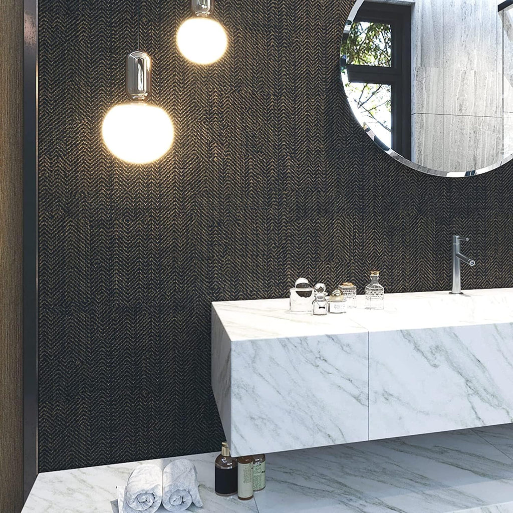 FunStick 24"x394" Black and Gold Grasscloth Peel and Stick Wallpaper Textured Black Contact Paper for Cabinets Removable Linen Fabric Geometric Wall Paper for Bedroom Bathroom Accent Wall Desk Renters