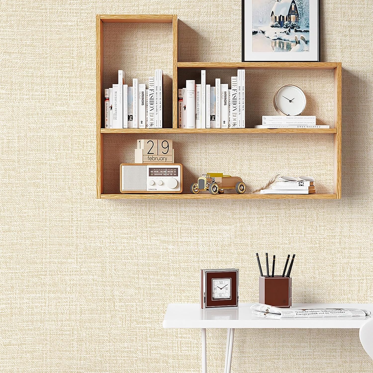 Beige Grasscloth Peel and Stick Wallpaper 17.3"x480" Faux Linen Textured Contact Paper Removable Self Adhesive Vinyl Wallpaper for Bedroom Bathroom Kitchen Cabinets