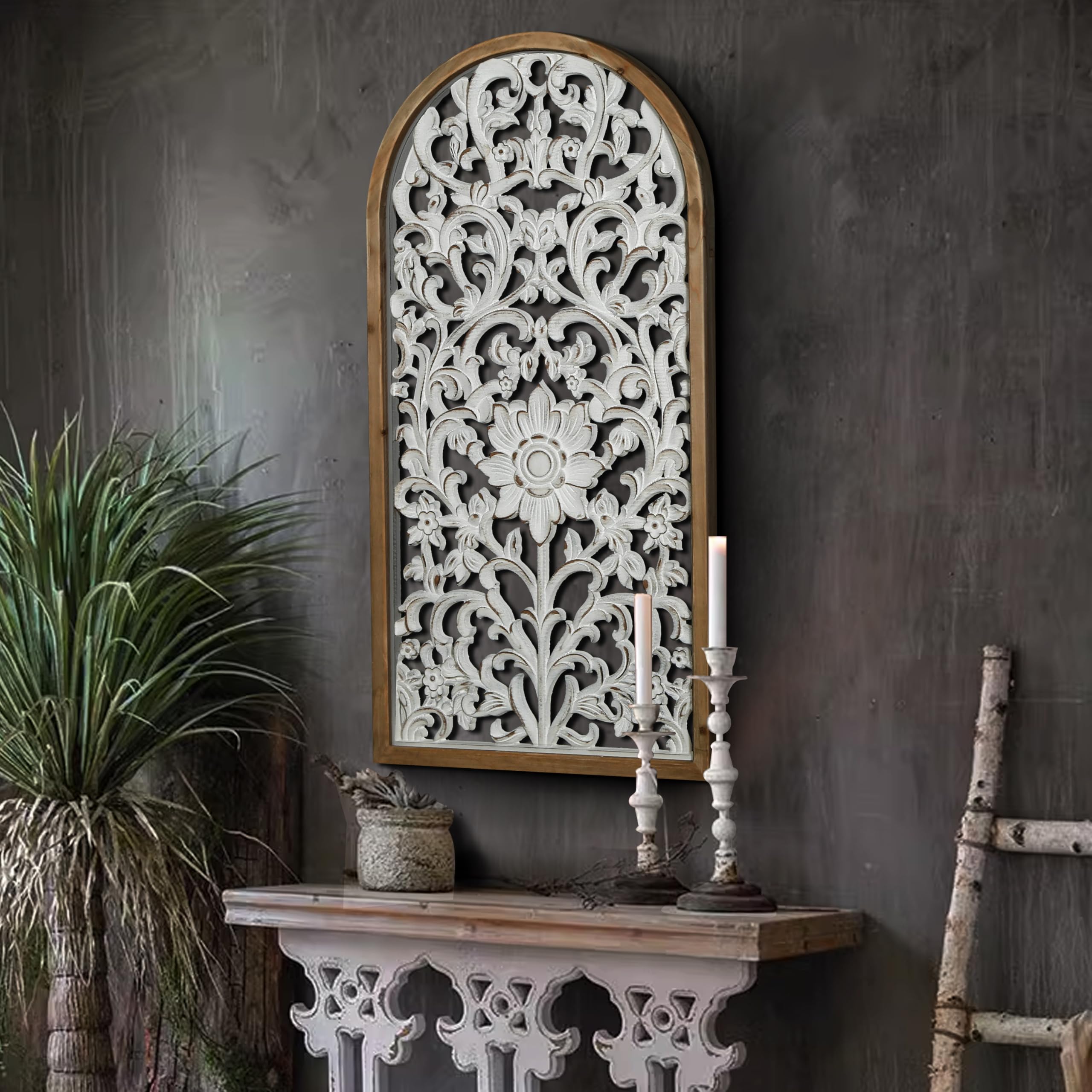 WREVERW Rustic Boho Arched Wood Wall Art, Hand-Carved Floral Panel with Distressed Brown Finish, Vintage Farmhouse Hanging Wall Sculpture for Living Room Bedroom Entryway, 15" x 31"