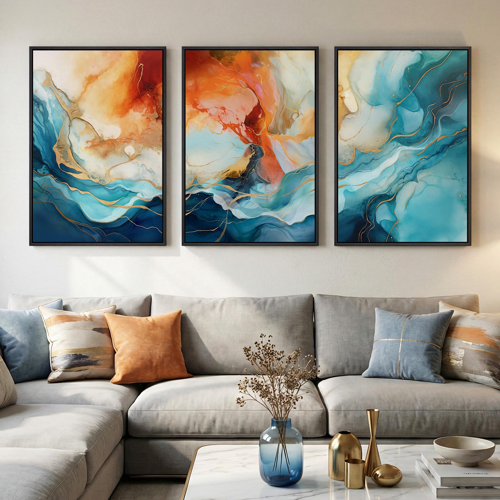 Large Framed Modern Elegant Abstract Wall Art for Living Room, 3 Piece Contemporary Blue and Gold Bright Prints Paintings Artwork for Walls, Luxury Pictures for Hallway Home Office Wall Decor 24x36 In