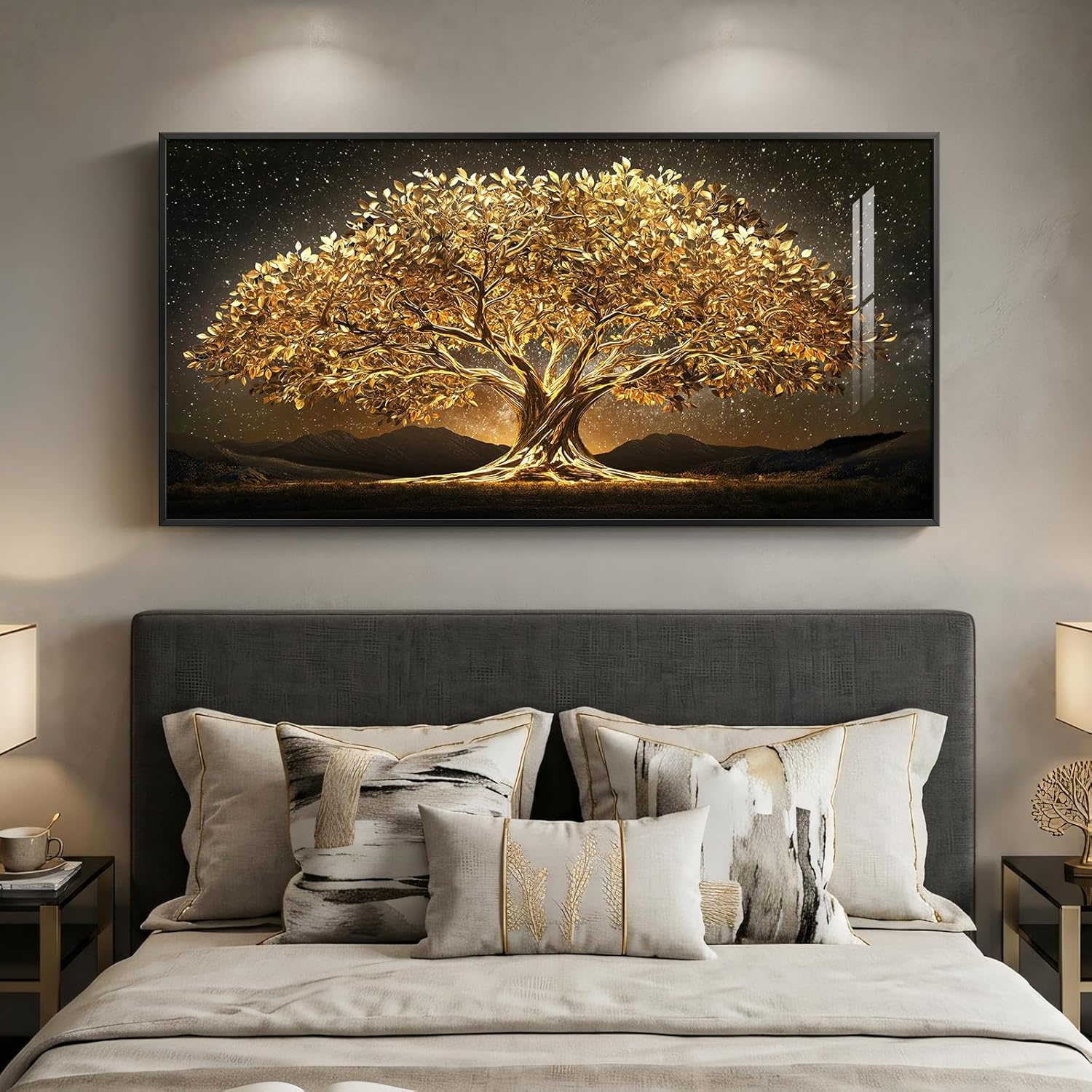 Large Framed Black and Gold Tree of Life Wall Art, Modern Luxury Tree Painting Print Artwork for Walls, Contemporary Dark Elegant Glam Picture for Living Room Bedroom Office Wall Decor, 60x30 Inch