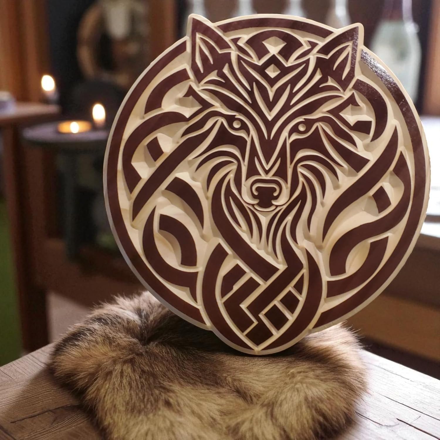 Wooden Wolf Carving – Black Cherry Pinewood Wall & Table Art Décor (11 in x 11 in)