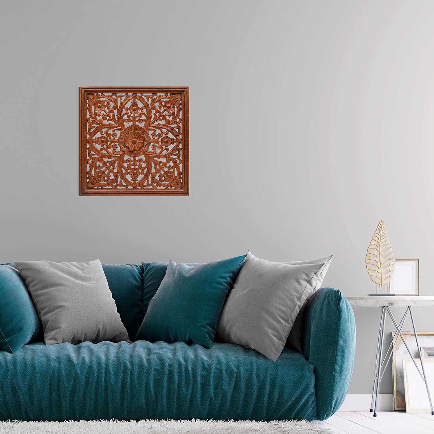 Homebia Designs Handmade Carved Wooden Wall Hanging Plaque 24x24 Inch Elegant Beautiful Floral Design Decorative Wall Art Panel for Farmhouse Living Room Bedroom Home Office - 1 Pack - Burnt