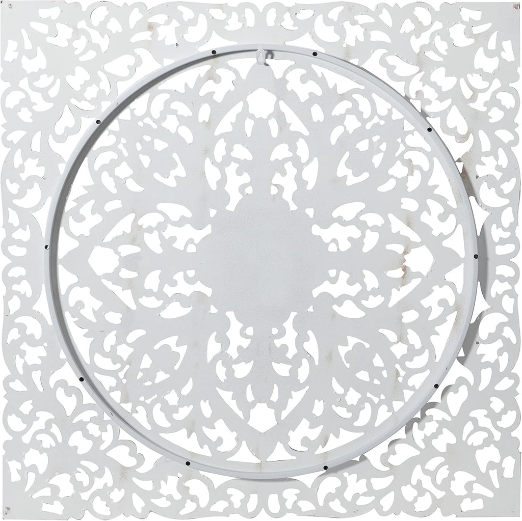 Deco 79 Wood Floral Handmade Home Wall Decor Intricately Carved Mandala Wall Sculpture with Brown Distressing, Wall Art 36" x 1" x 36", White
