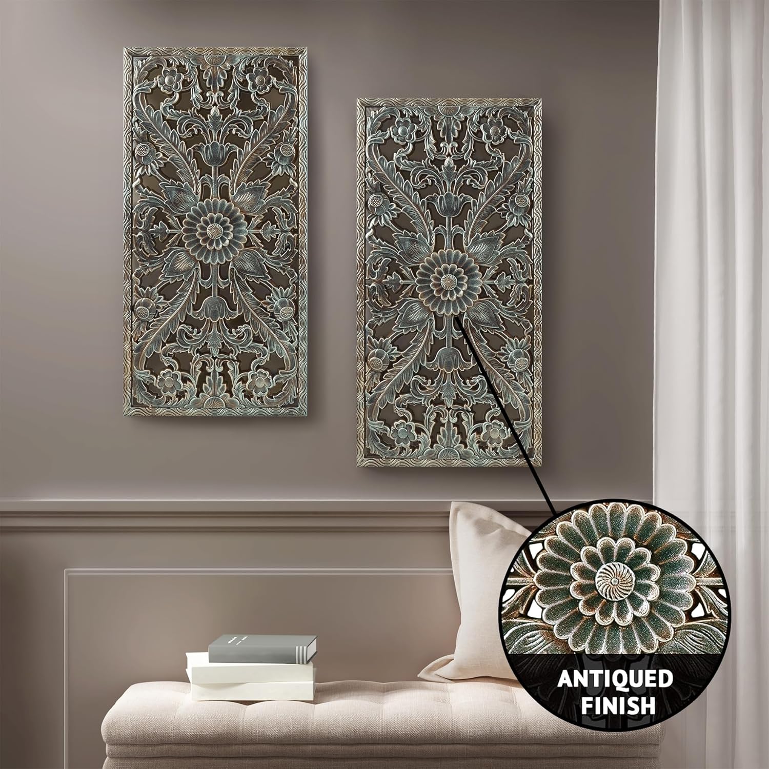 Madison Park Carved Wood Wall Art 2 Piece, Floral Wooden Carving Wall Decor, Blue Wall Art Living Room Bedroom, Copper Embellished Boho, Ready to Hang, 15.75"W x 31.5"L, Patina Blue