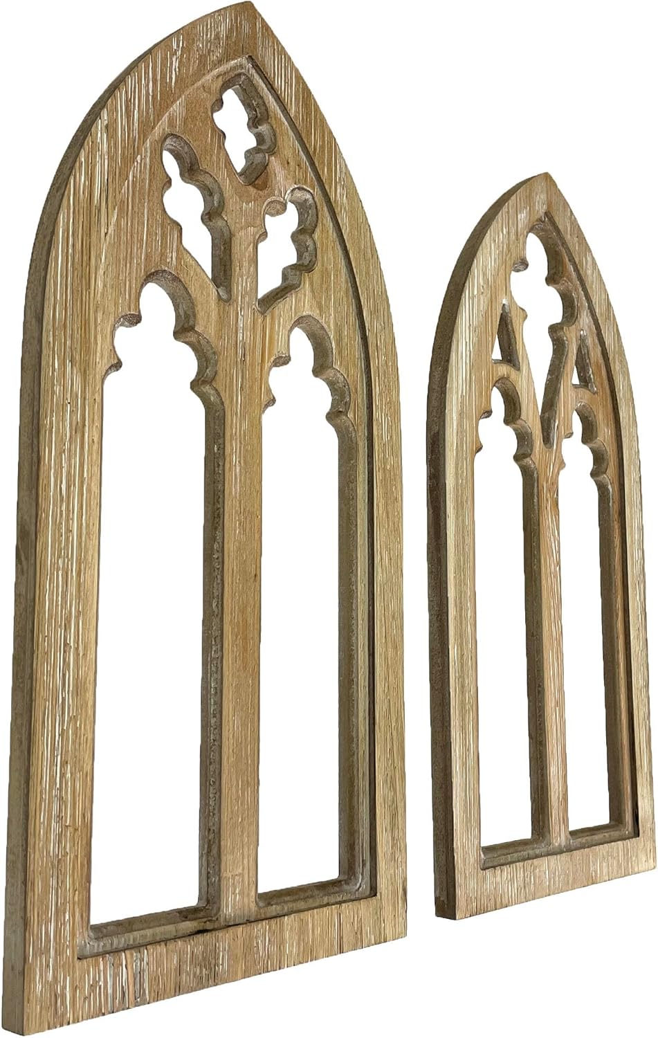 Set of 2 Whitewashed Wood Gothic Arch Window Frame Wall Hangings - Sculptural Elegance for Your Home Decor - 15.75 Inches High, Timeless and Enchanting Ambiance