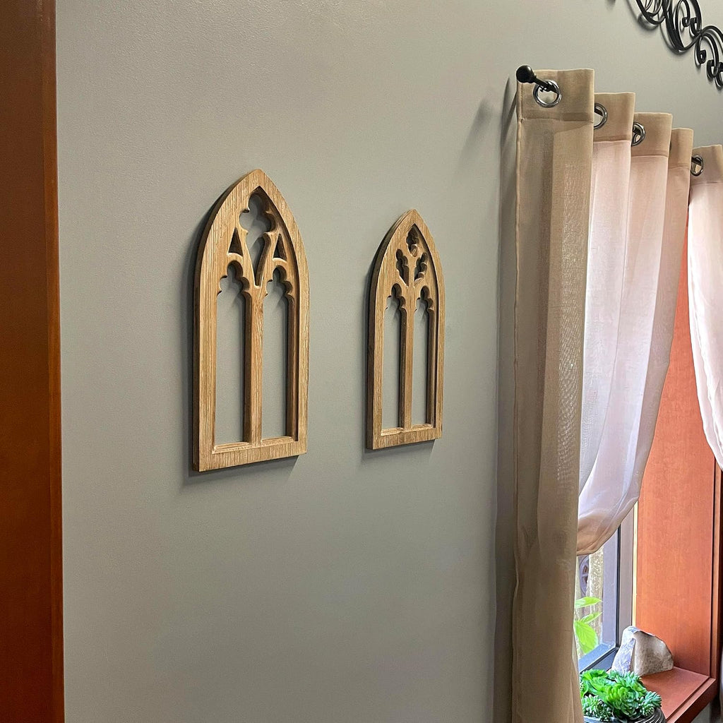 Set of 2 Whitewashed Wood Gothic Arch Window Frame Wall Hangings - Sculptural Elegance for Your Home Decor - 15.75 Inches High, Timeless and Enchanting Ambiance
