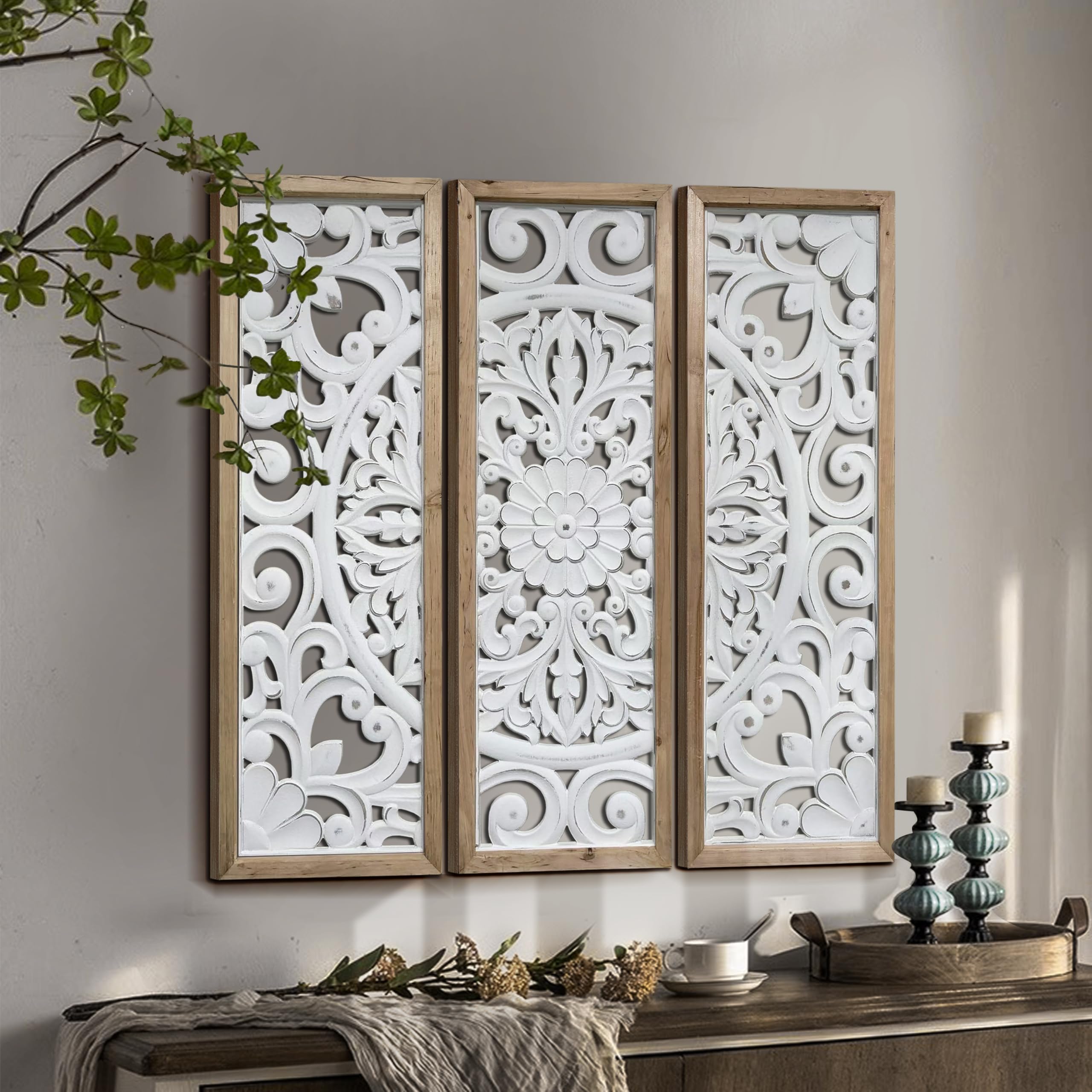 XIAOAIKA Hand Carved Boho Wood Wall Art - Decorative Large Wall Panels, Antique Distressed Wood Sculpture, Elegant Wall Decor Hanging Plaque, Suitable for Gifting (35.5 Inch, 3 Panels)