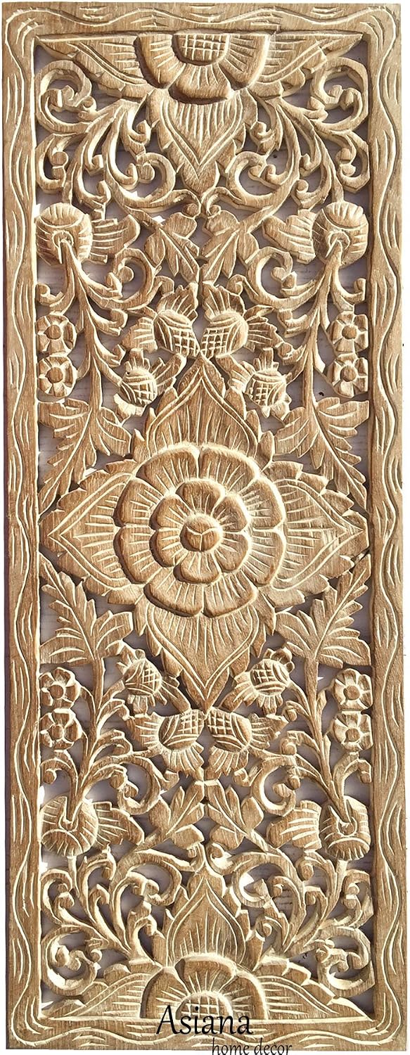 Lotus Carved Teak Wood Wall Art Panel. Asian Inspired Home Decor. Wood Carved Floral Wall Hanging. Size 35.5"x13.5" (Dark Brown)