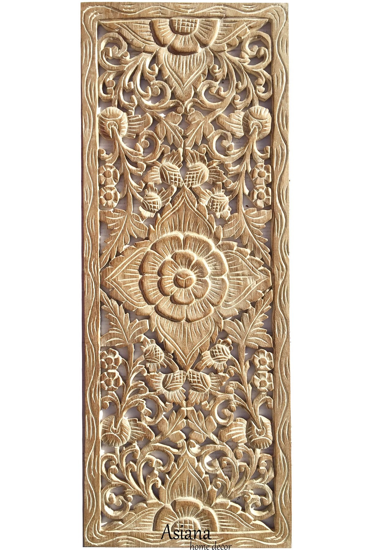 Lotus Carved Teak Wood Wall Art Panel. Asian Inspired Home Decor. Wood Carved Floral Wall Hanging. Size 35.5"x13.5" (Dark Brown)