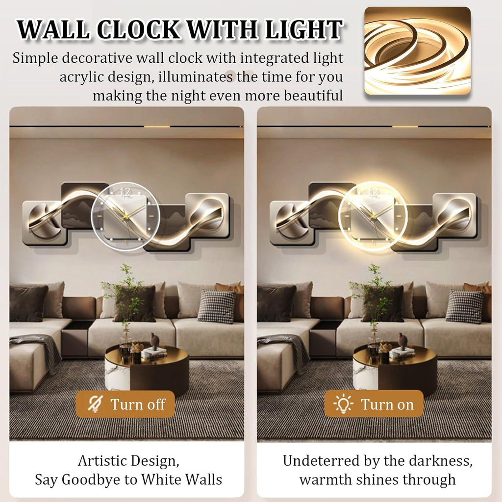 Modern Entrance 3D Wall Art Clock with Light,Crystal Porcelain Wall Art with Lights,Large 3D Creative Decorative Clock,for Office, Home, Bathroom, Kitchen, Bedroom(Silver 1,59 * 19.6in)