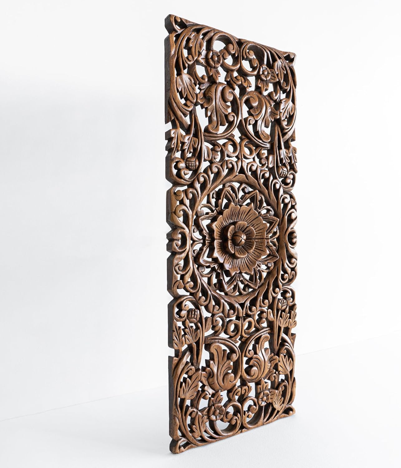 Sculpted Wall Art Wooden Panel Hand Carved Floral Feng Shui Home Decoration Wood Artworks from Chiang Mai Thailand 36x14 inches