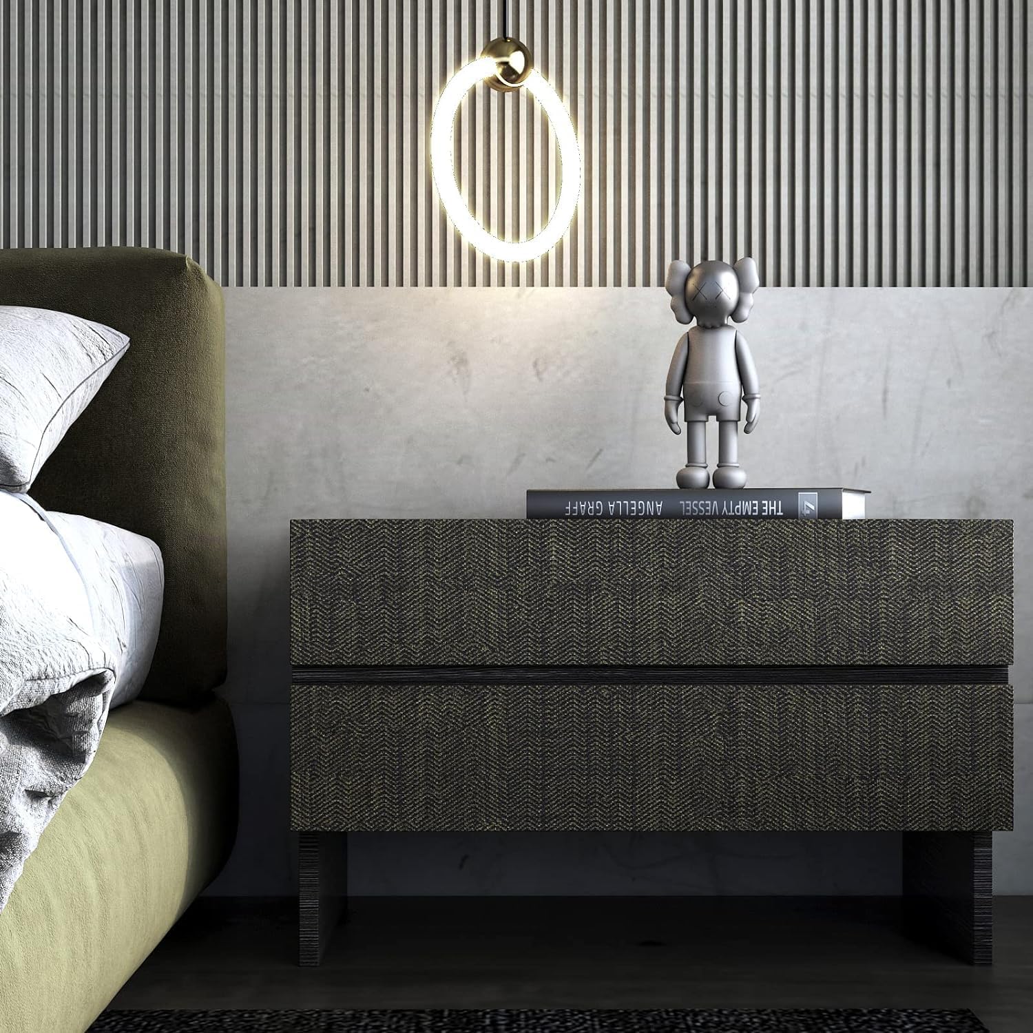 FunStick 24"x394" Black and Gold Grasscloth Peel and Stick Wallpaper Textured Black Contact Paper for Cabinets Removable Linen Fabric Geometric Wall Paper for Bedroom Bathroom Accent Wall Desk Renters