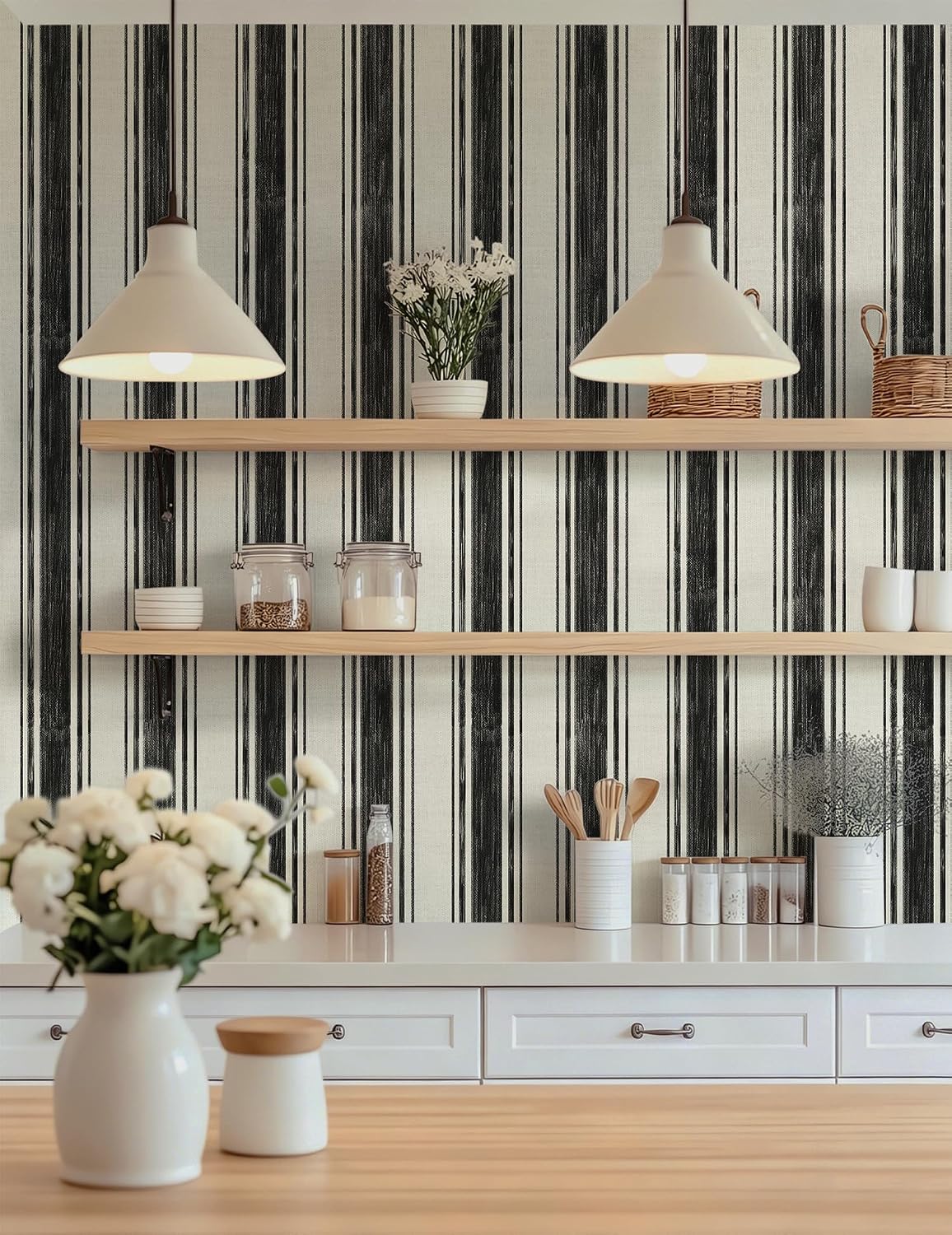 Safiyya Black and Cream White Hand-Painted Striped Wallpaper Peel and Stick Contact Paper 17.3"×393" Beige Vintage Wall Paper Self Adhesive Removable Wallpaper for Bedroom Bathroom Decorative Vinyl