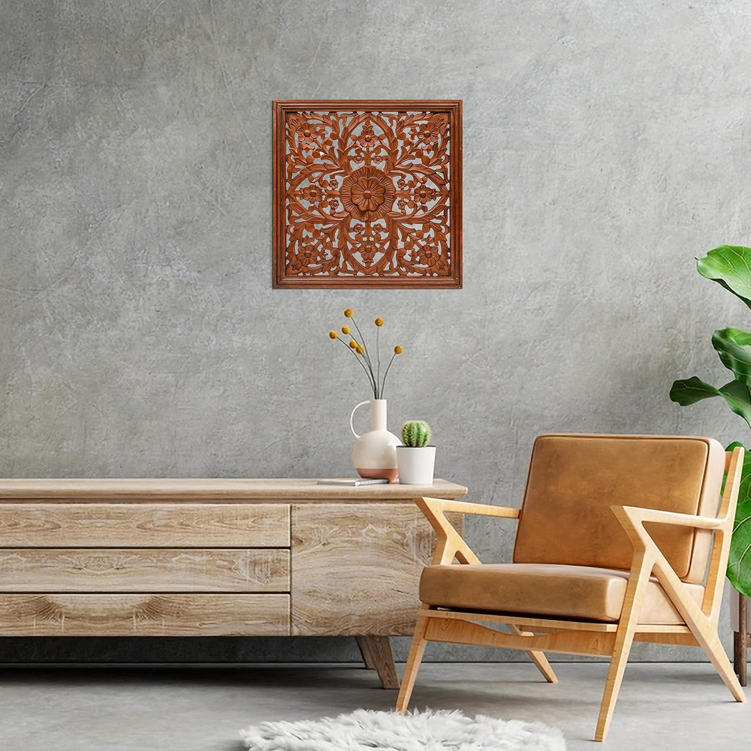 Homebia Designs Handmade Carved Wooden Wall Hanging Plaque 24x24 Inch Elegant Beautiful Floral Design Decorative Wall Art Panel for Farmhouse Living Room Bedroom Home Office - 1 Pack - Burnt