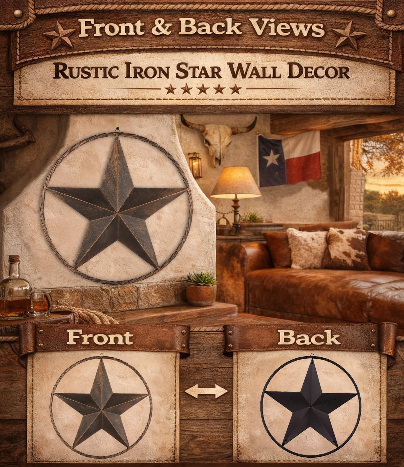 Ontrip 24" Metal Barn Star Wall Decor, Rustic Western Lone Star Metal Wall Art, Powder-Coated Iron, Indoor/Outdoor Porch Patio Fence Fireplace Farmhouse Decor, Housewarming Gift