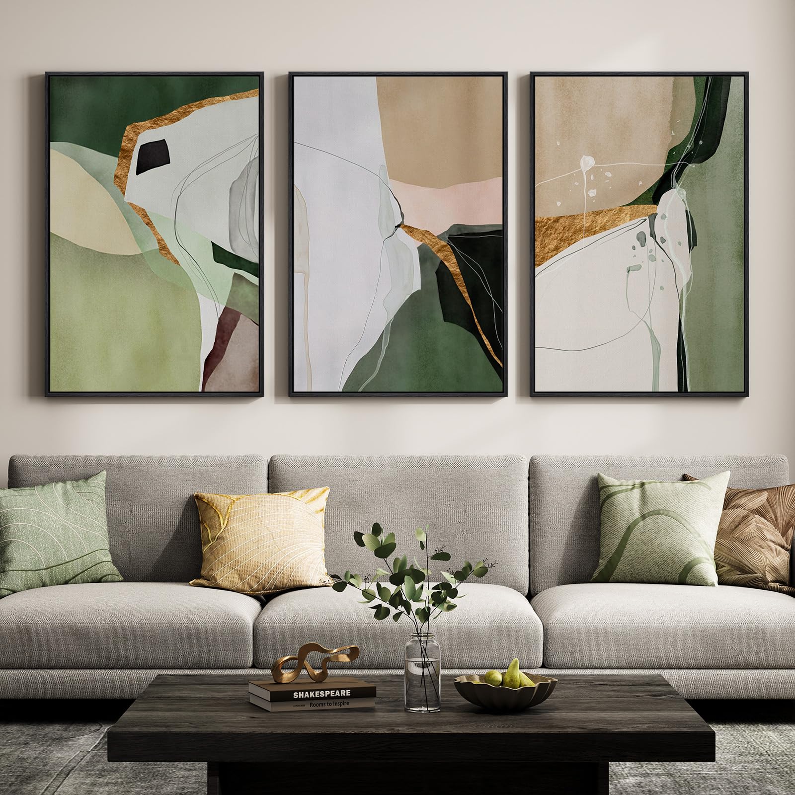 Large Framed Modern Elegant Abstract Wall Art for Living Room, 3 Piece Contemporary Blue and Gold Bright Prints Paintings Artwork for Walls, Luxury Pictures for Hallway Home Office Wall Decor 24x36 In