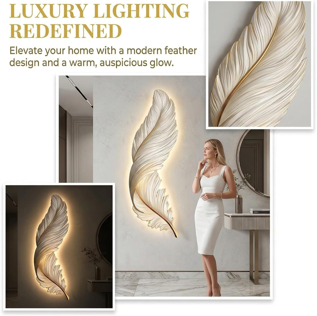 wihgony 3D Feather LED Wall Art with Plug-in Lighting, Modern Luxury Wall Decor for Entryway, Living Room & Bedroom(A,42x80cm/16.5x31.5in)
