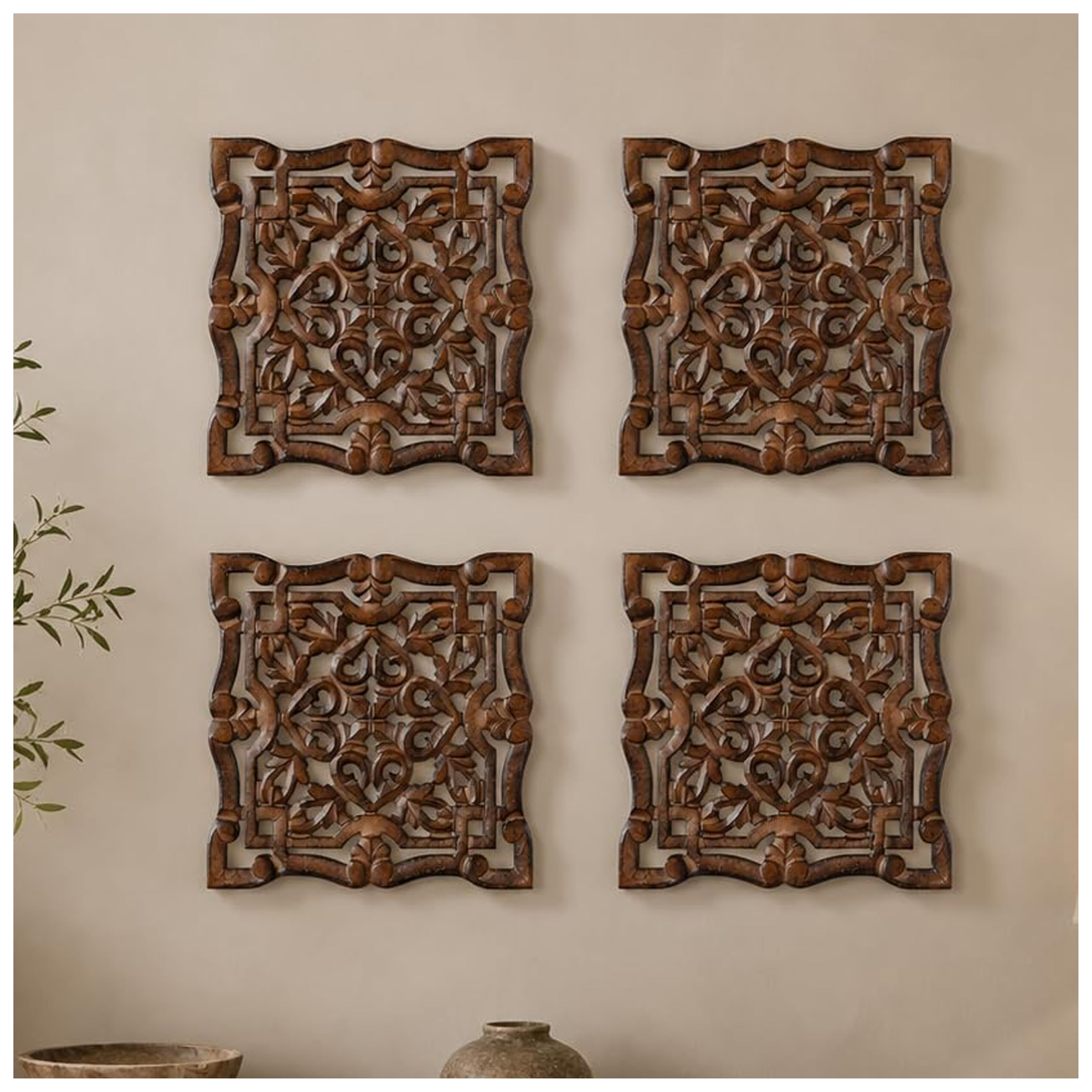 Wood Wall Art -Wall Panels in Handcrafted Carved Wood For Livingroom Bedroom,Dining room,Elegant Decorative Wall Art for Home & Office 8x16" Set of 2 Burnt Brown_Tree Leaf Designs