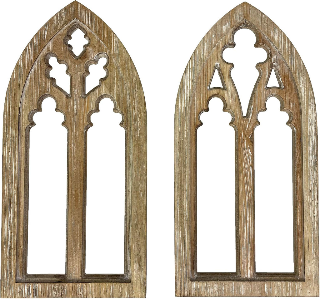 Set of 2 Whitewashed Wood Gothic Arch Window Frame Wall Hangings - Sculptural Elegance for Your Home Decor - 15.75 Inches High, Timeless and Enchanting Ambiance