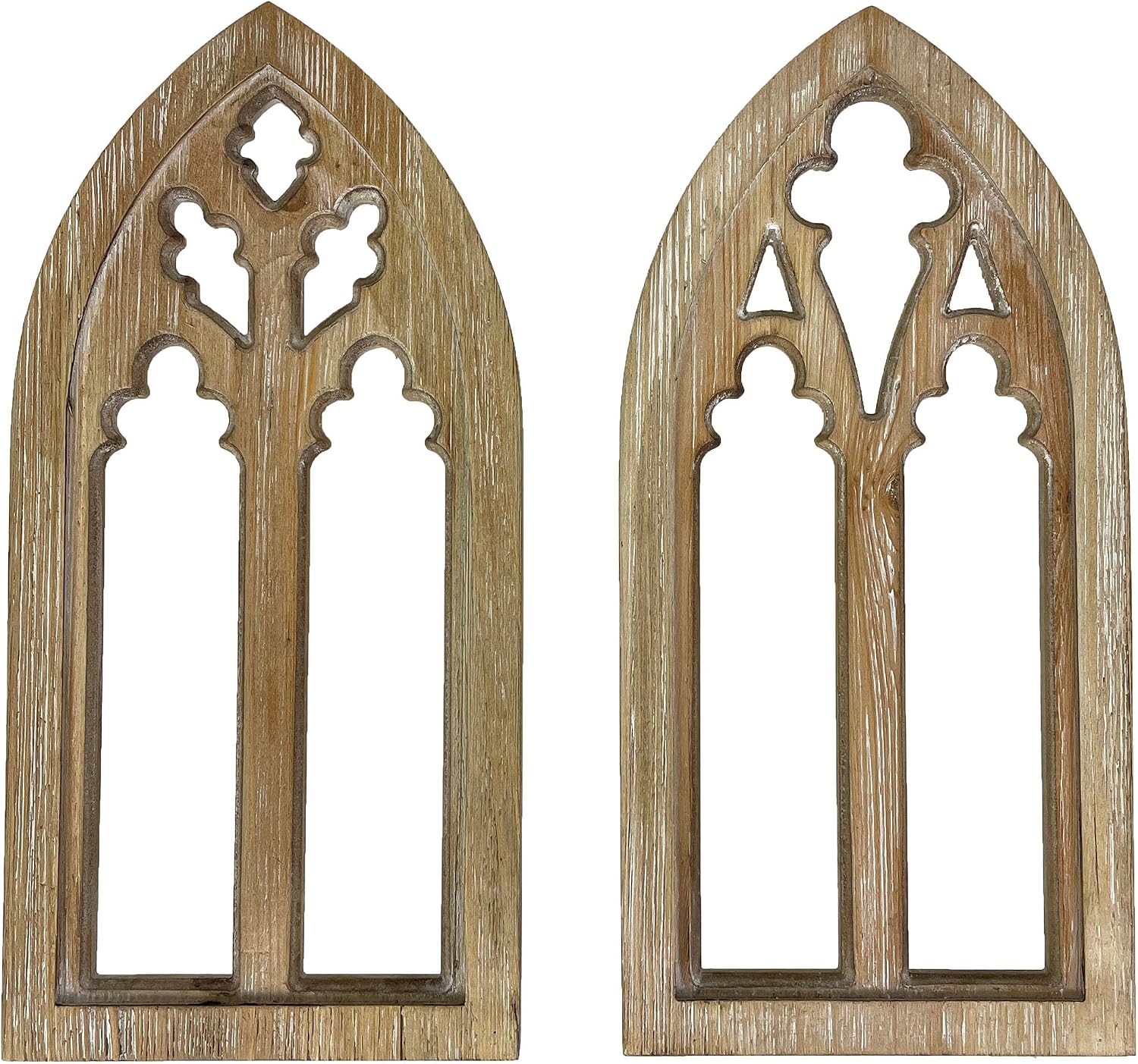 Set of 2 Whitewashed Wood Gothic Arch Window Frame Wall Hangings - Sculptural Elegance for Your Home Decor - 15.75 Inches High, Timeless and Enchanting Ambiance