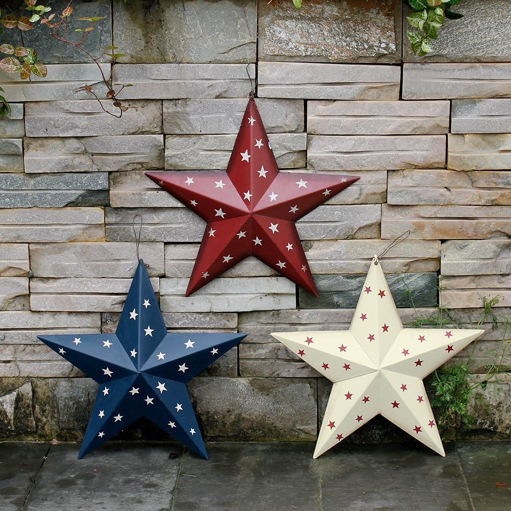 Patriotic Metal Barn Star Wall Decor Set of 3, 12’’ Hanging Country Rustic Metal Star for July 4th Decoration (3 Pack)