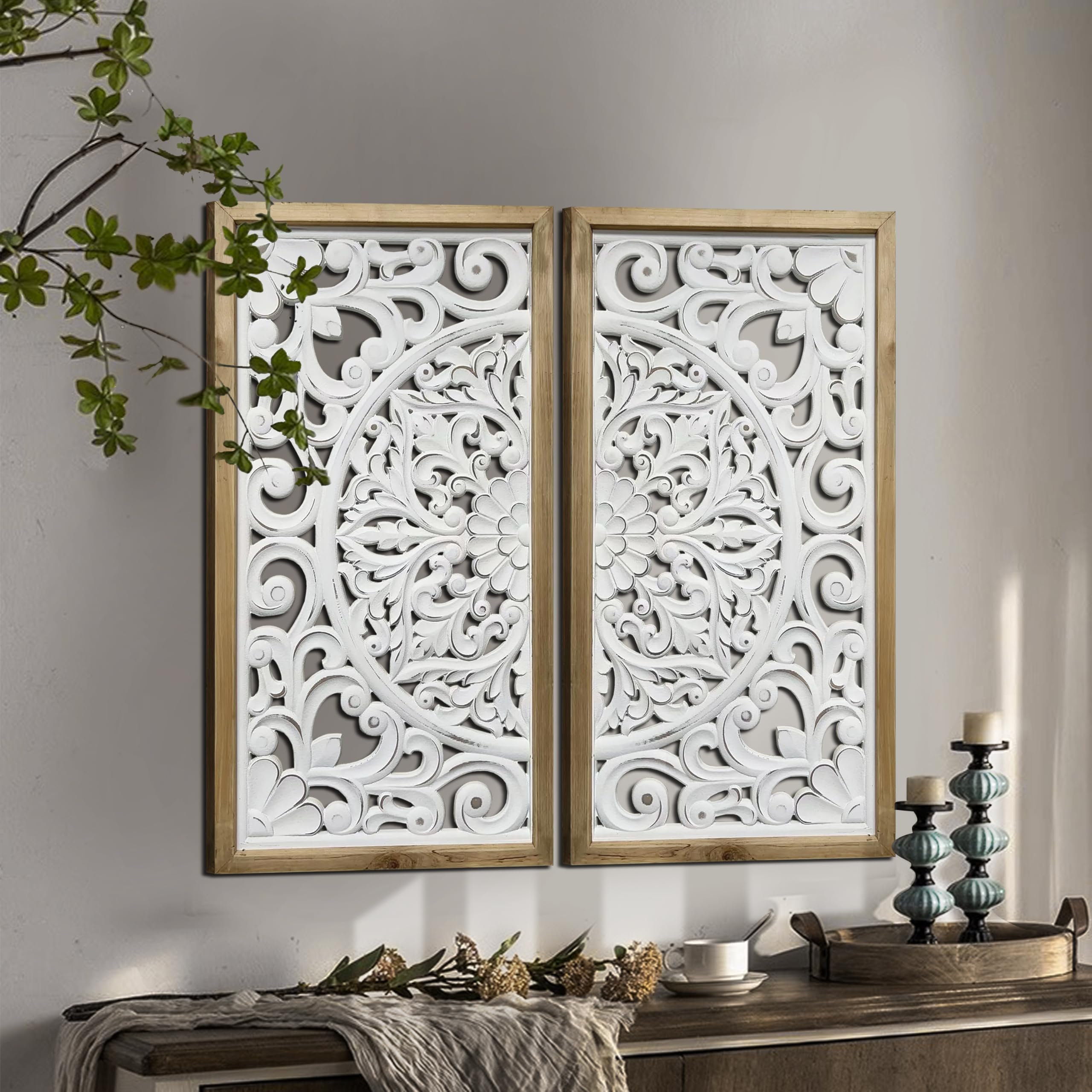 XIAOAIKA Boho Carved Wood Wall Art - Distressed Antique Floral Design Decorative Wall Panels, Large Wood Sculpture for Living Room, Bedroom, Entrance Hall (33 Inches, 2 Panels)