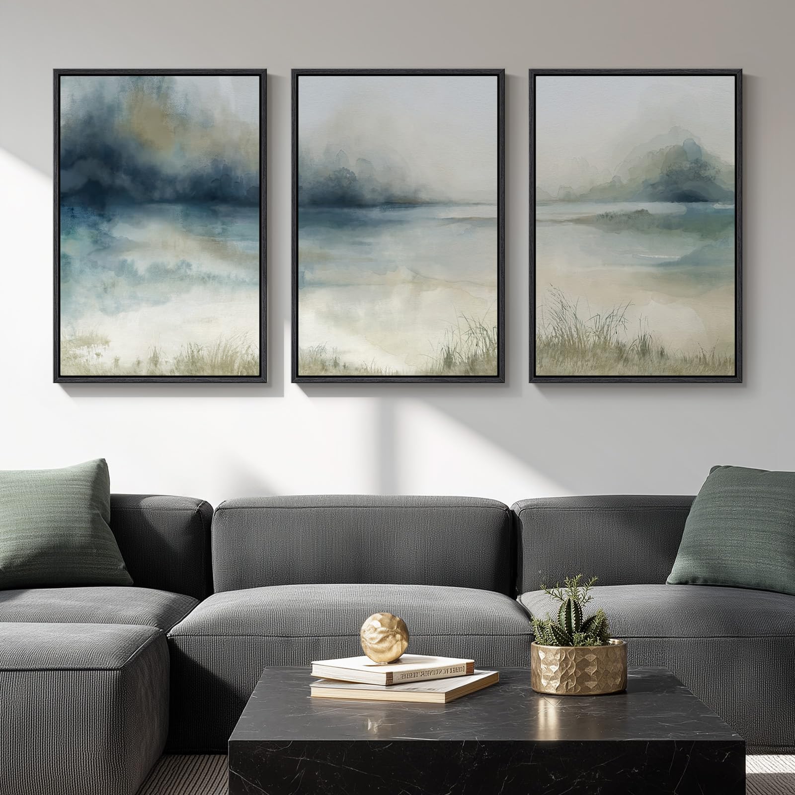 Large Framed Modern Elegant Abstract Wall Art for Living Room, 3 Piece Contemporary Blue and Gold Bright Prints Paintings Artwork for Walls, Luxury Pictures for Hallway Home Office Wall Decor 24x36 In