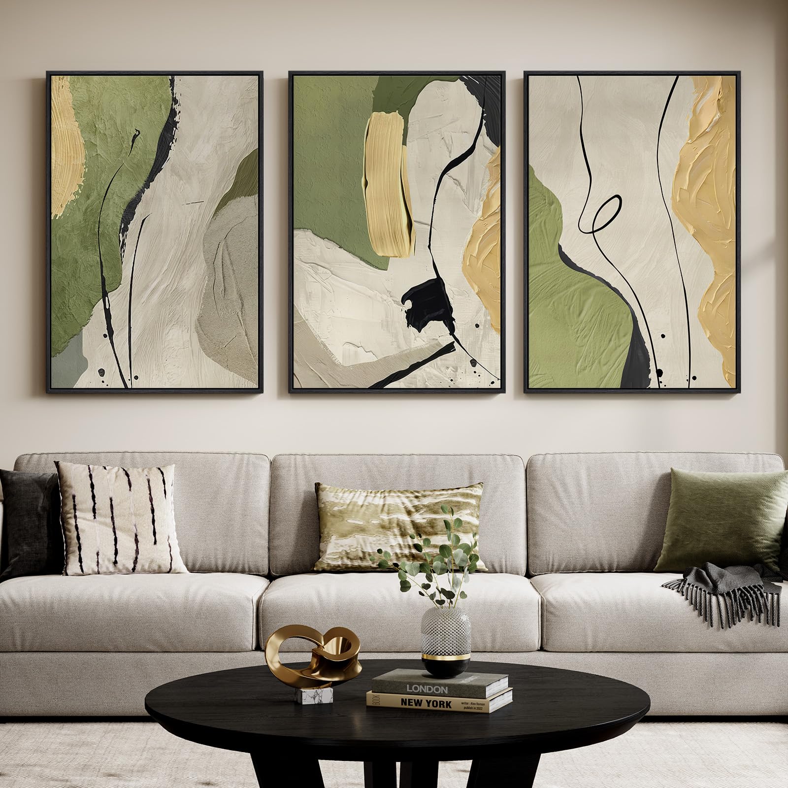 Large Framed Modern Elegant Abstract Wall Art for Living Room, 3 Piece Contemporary Blue and Gold Bright Prints Paintings Artwork for Walls, Luxury Pictures for Hallway Home Office Wall Decor 24x36 In