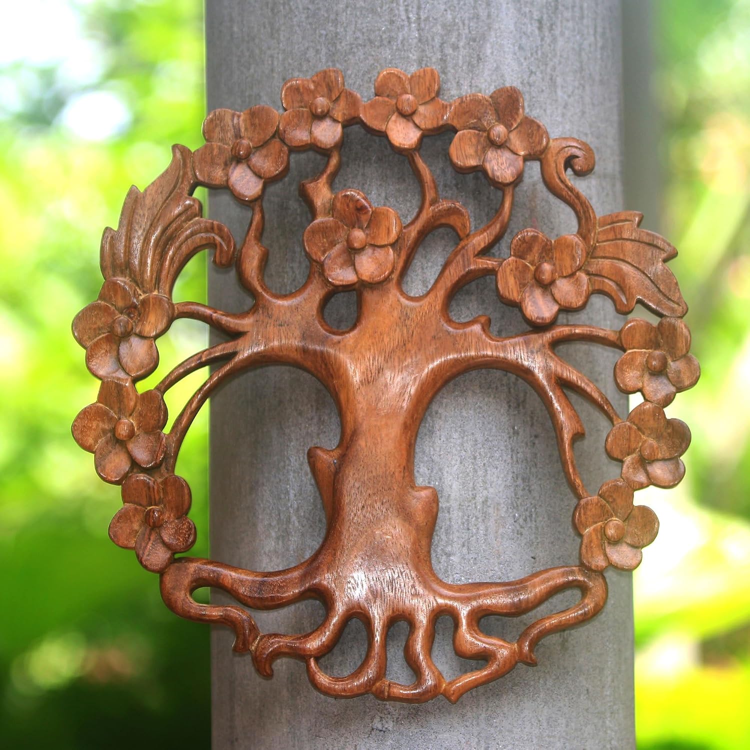 NOVICA Artisan Handmade Wood Relief Panel Circular Treethemed Suar from Bali Brown Indonesia Wall Decor Panels Nature Floral Balinese Traditional Carvings [11.75in L x 11.75in W x 0.8in D] ' Tree of