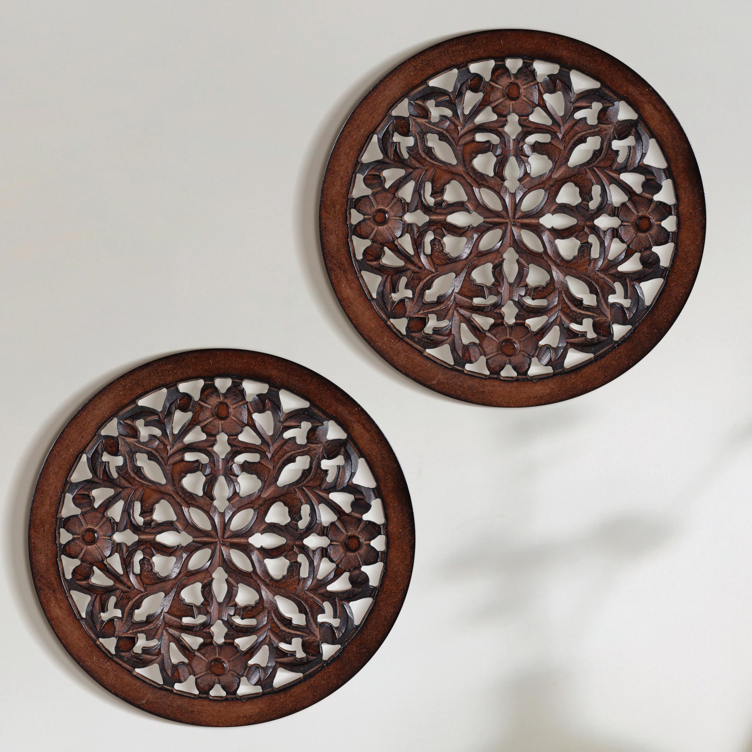 Wood Wall Art -Wall Panels in Handcrafted Carved Wood For Livingroom Bedroom,Dining room,Elegant Decorative Wall Art for Home & Office 8x16" Set of 2 Burnt Brown_Tree Leaf Designs