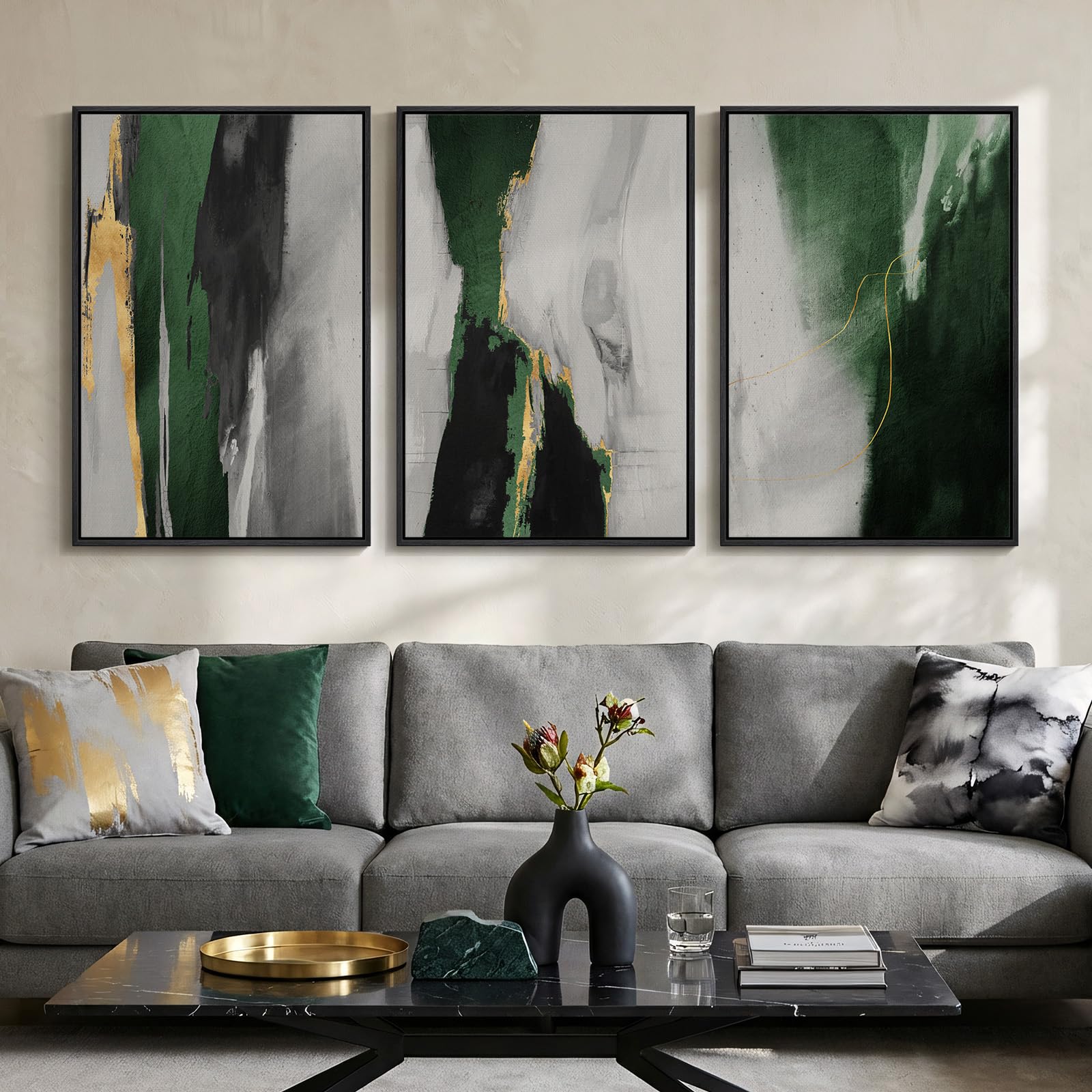 Large Framed Modern Elegant Abstract Wall Art for Living Room, 3 Piece Contemporary Blue and Gold Bright Prints Paintings Artwork for Walls, Luxury Pictures for Hallway Home Office Wall Decor 24x36 In