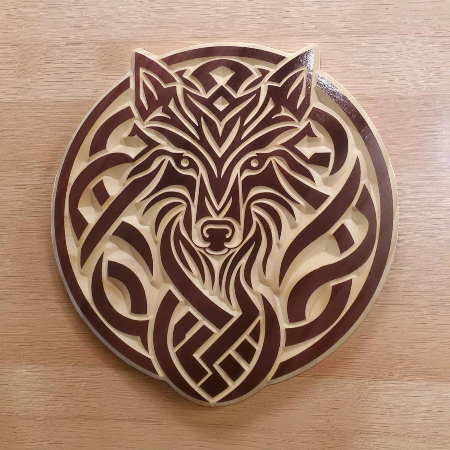 Wooden Wolf Carving – Black Cherry Pinewood Wall & Table Art Décor (11 in x 11 in)