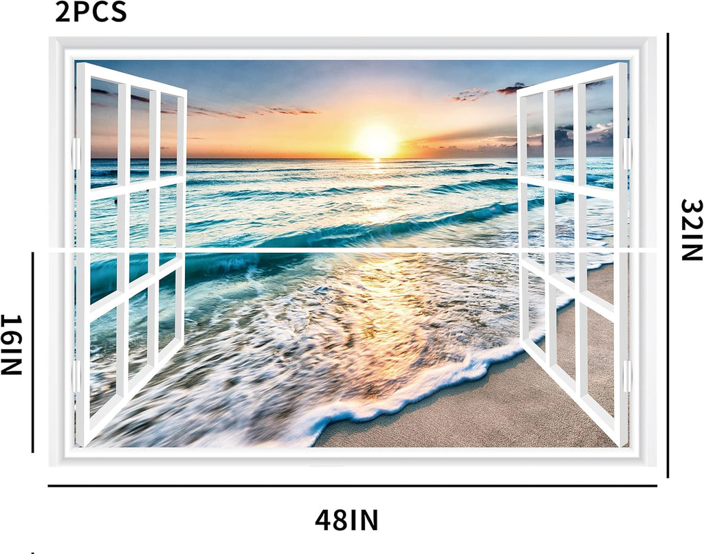 FLFK Fake Window Wall Sticker - Sunset Beach Faux Window Wall Mural for Wall Decor, Stick and Peel Wall Decals,48"x32",Set of 2 Sheets