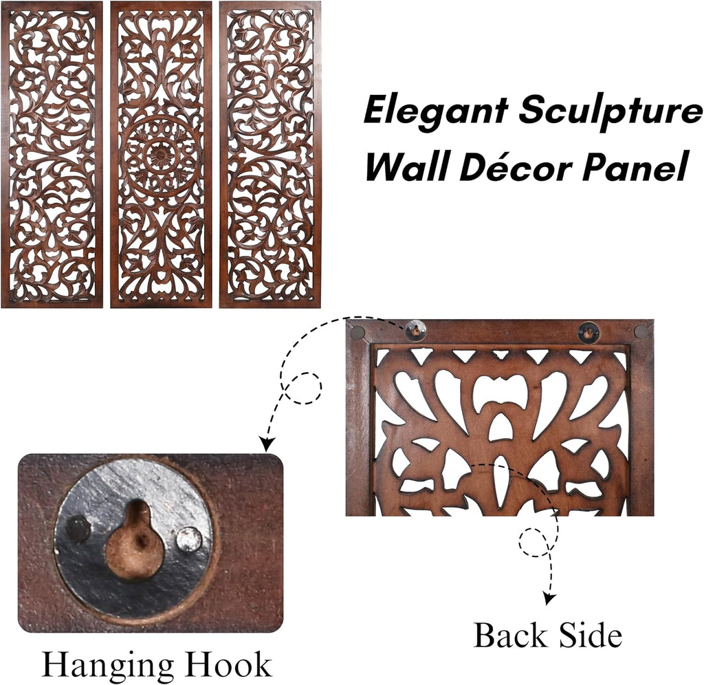 The Wooden Town Wall Hanging Plaques - Wall Plaque Wall Décor Plaques Set of 3-36 x 12 Inch - Burnt, Elegant Sculpture Wall Décor Panel to Enhance the Décor of Your Room or Office
