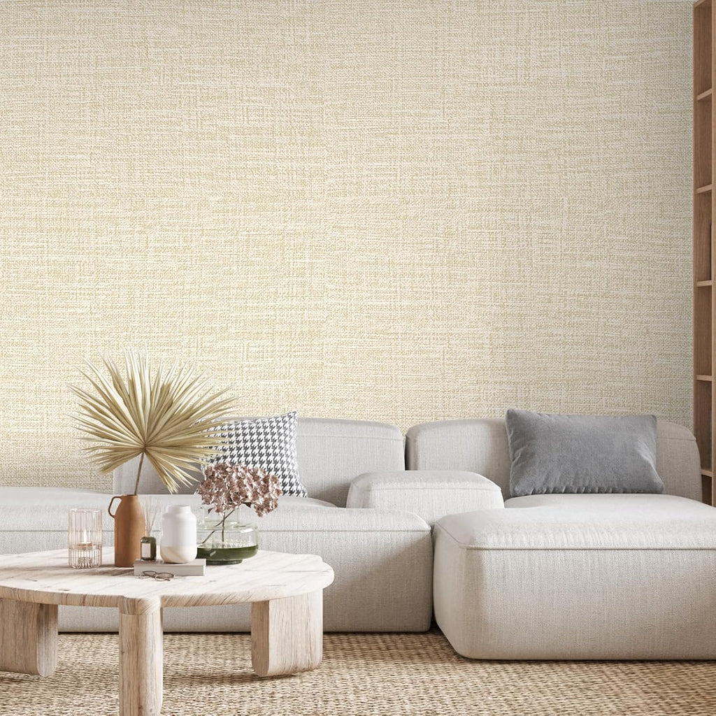 Beige Grasscloth Peel and Stick Wallpaper 17.3"x480" Faux Linen Textured Contact Paper Removable Self Adhesive Vinyl Wallpaper for Bedroom Bathroom Kitchen Cabinets