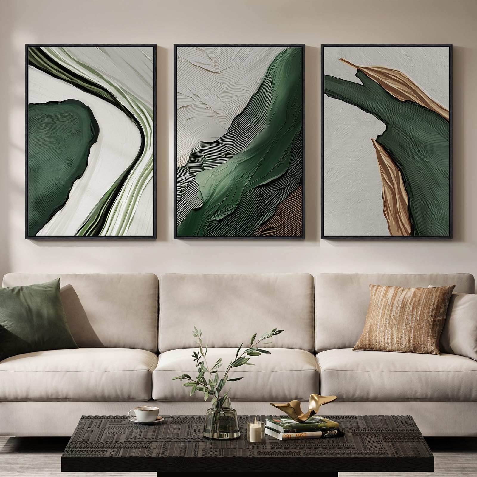 Large Framed Modern Elegant Abstract Wall Art for Living Room, 3 Piece Contemporary Blue and Gold Bright Prints Paintings Artwork for Walls, Luxury Pictures for Hallway Home Office Wall Decor 24x36 In