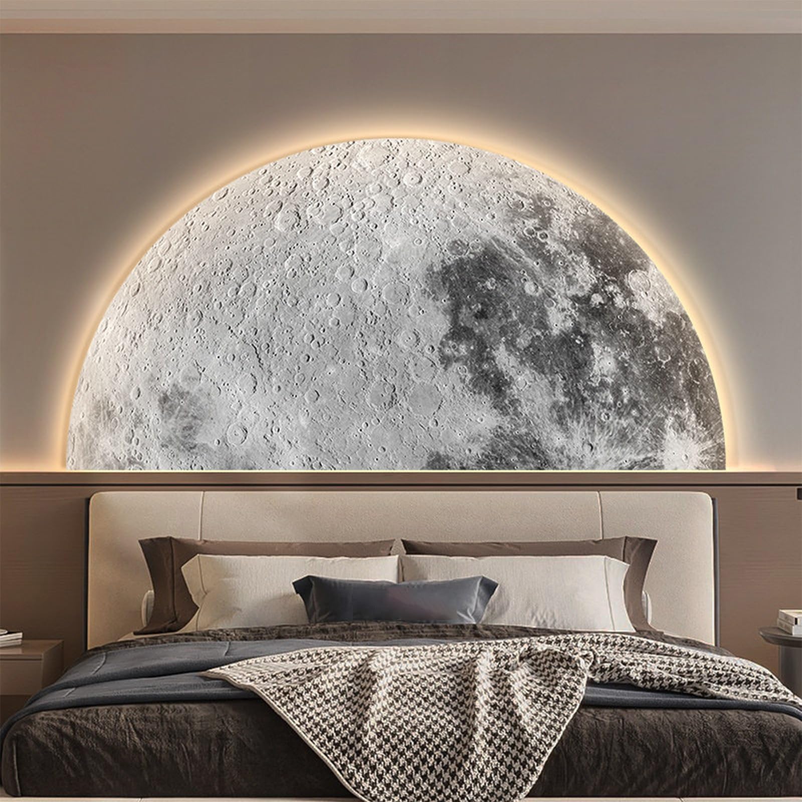 TeHWiEEphs Modern 3D Textured Moon Round 3D LED Wall Art with Remote Control Dimmable Lighting, Elegant Crystal Porcelain Decor for Living Room, Bedroom, Entryway & Accent Walls(S,47.24x23.62in)