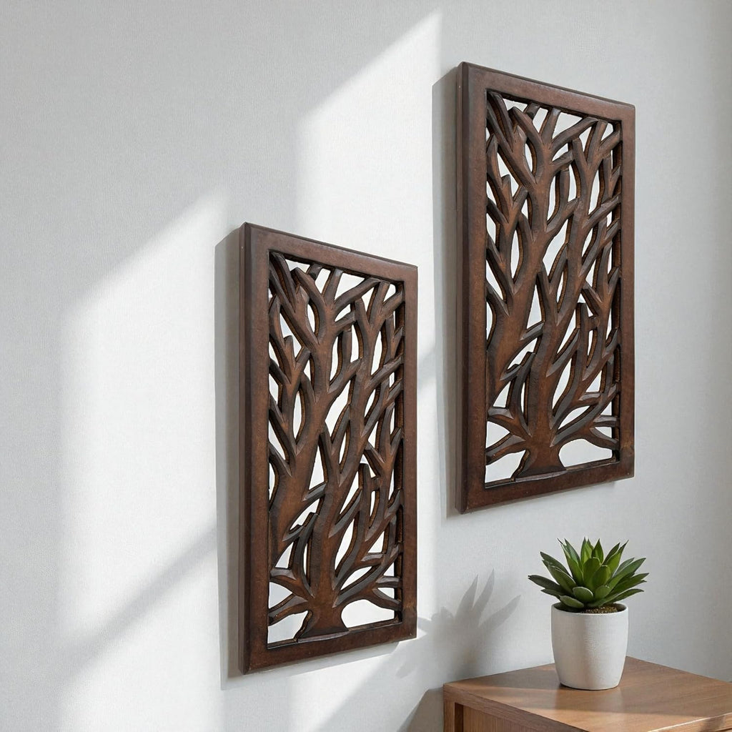 Wood Wall Art -Wall Panels in Handcrafted Carved Wood For Livingroom Bedroom,Dining room,Elegant Decorative Wall Art for Home & Office 8x16" Set of 2 Burnt Brown_Tree Leaf Designs