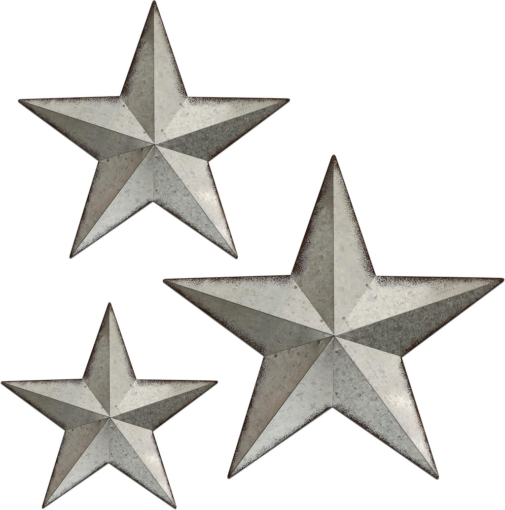 COLLECTIVE HOME - 3 Pcs Metal Barn Star, Galvanized Hanging Wall Decor, Farmhouse Wall Sculpture, 3D 13/11/9.5 Inch Wall Art for Office Living Room Bedroom (Galvanized Star)